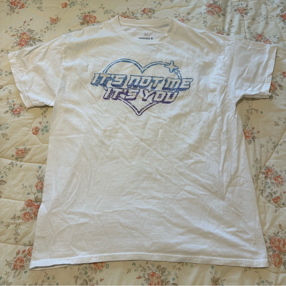 White T-shirt with Blue and Purple Graphic